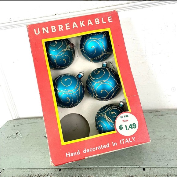 Vintage Christmas Tree Ornaments Plastic Hand Decorated Italy Box Blue SET5 - Picture 1 of 8